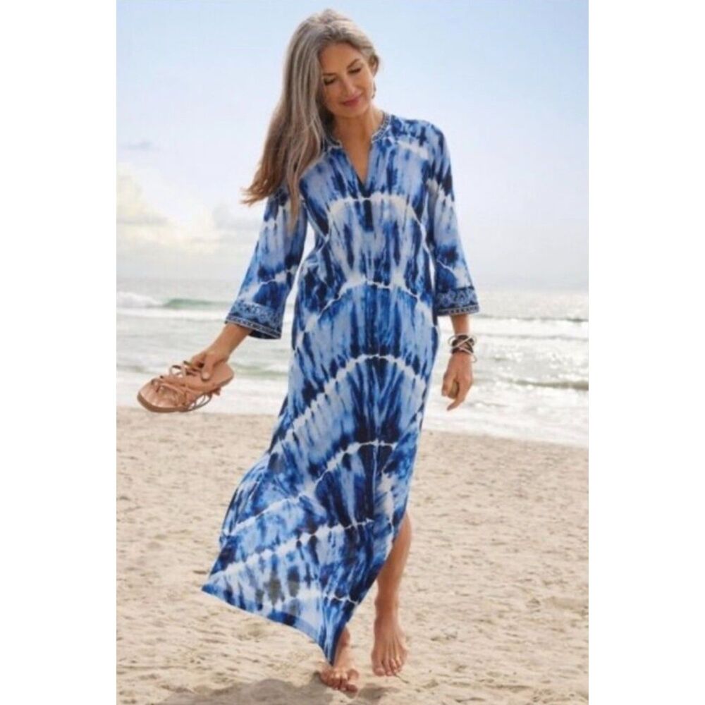 NWOT - SOFT SURROUNDINGS Sea Sprite Tie-Dye Embroidered Maxi Kaftan Dress, Sz M